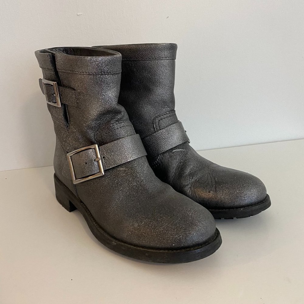 Jimmy Choo Youth Biker Boots Silver Metallic Womens EU 37.5 US 7.5